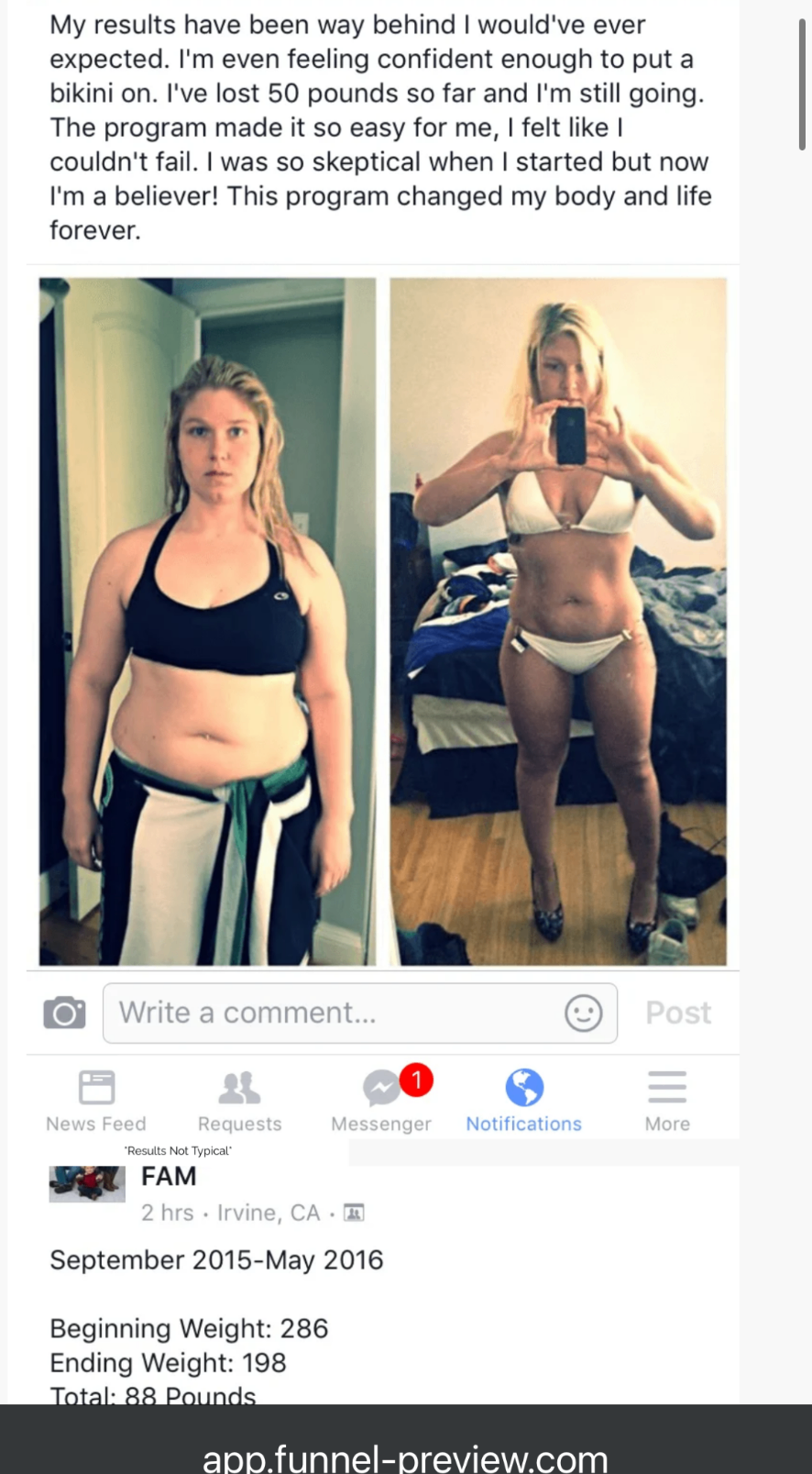 Facebook testimonial — 50 pounds lost