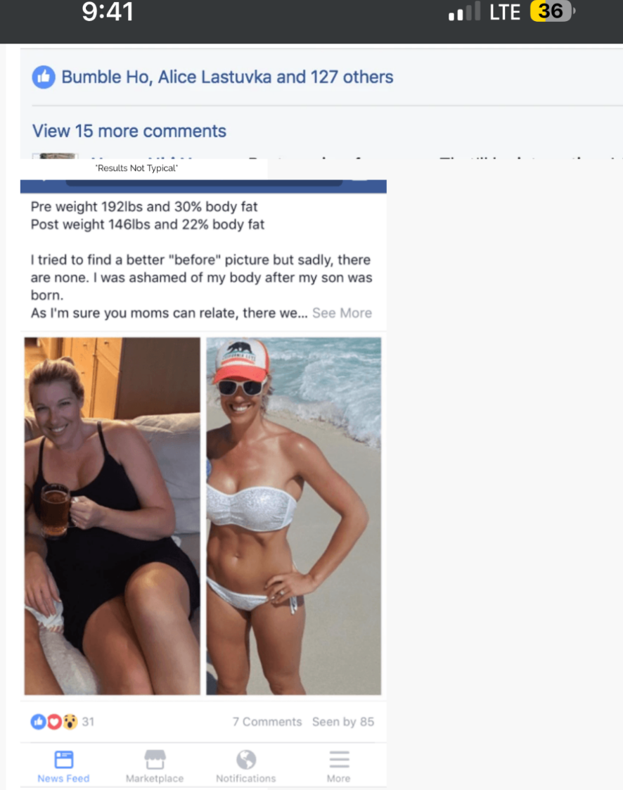 Facebook testimonial — mom transformation
