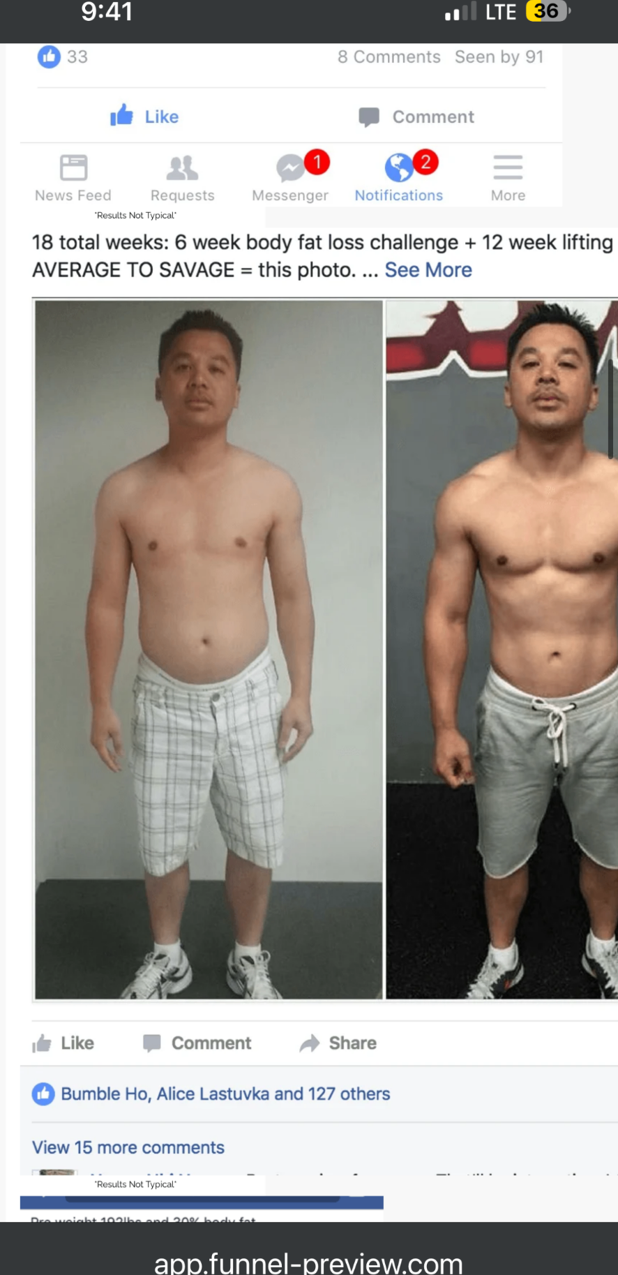 Facebook testimonial — 18 weeks, average to savage