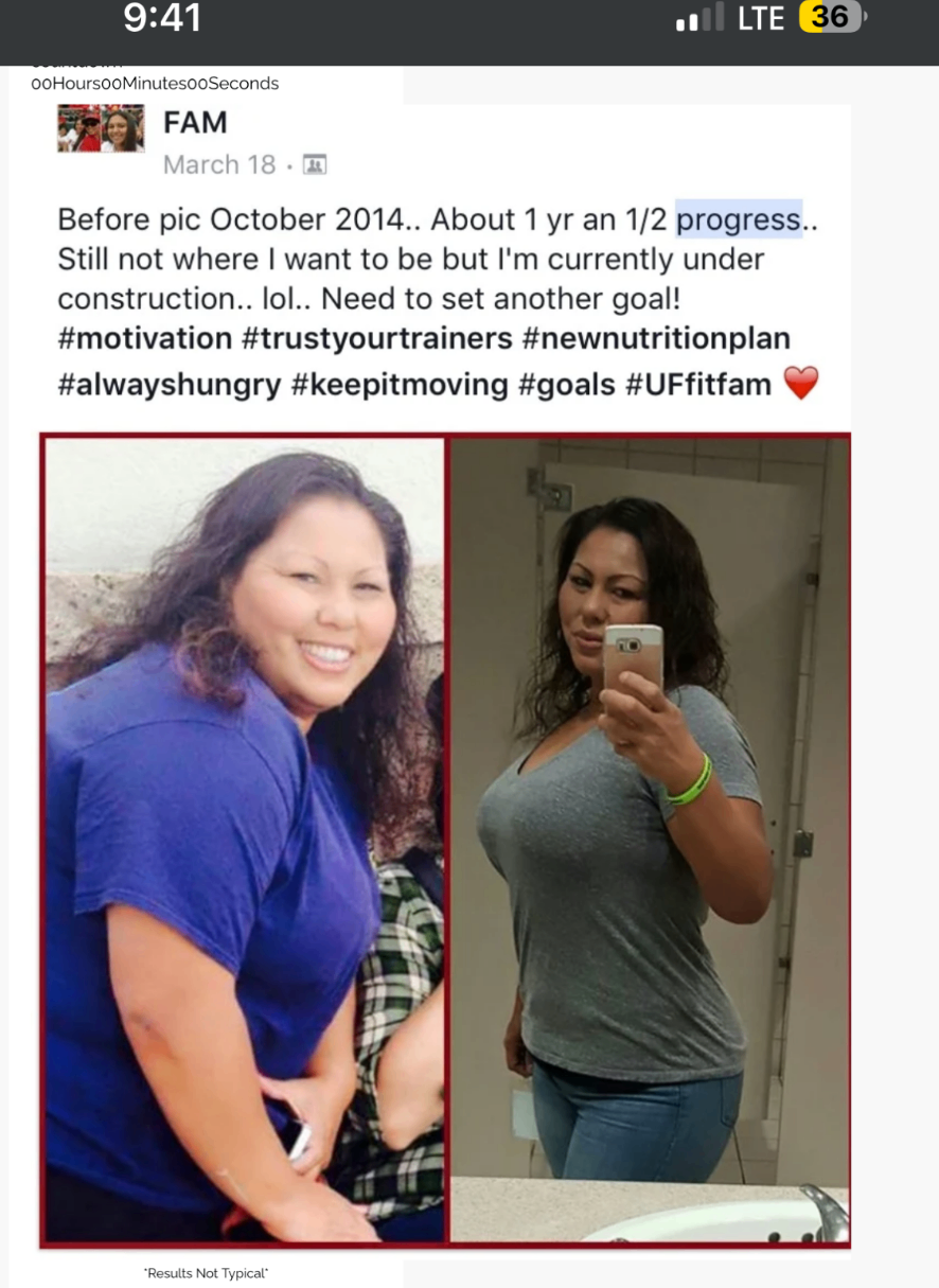 Facebook testimonial — 1.5 years progress