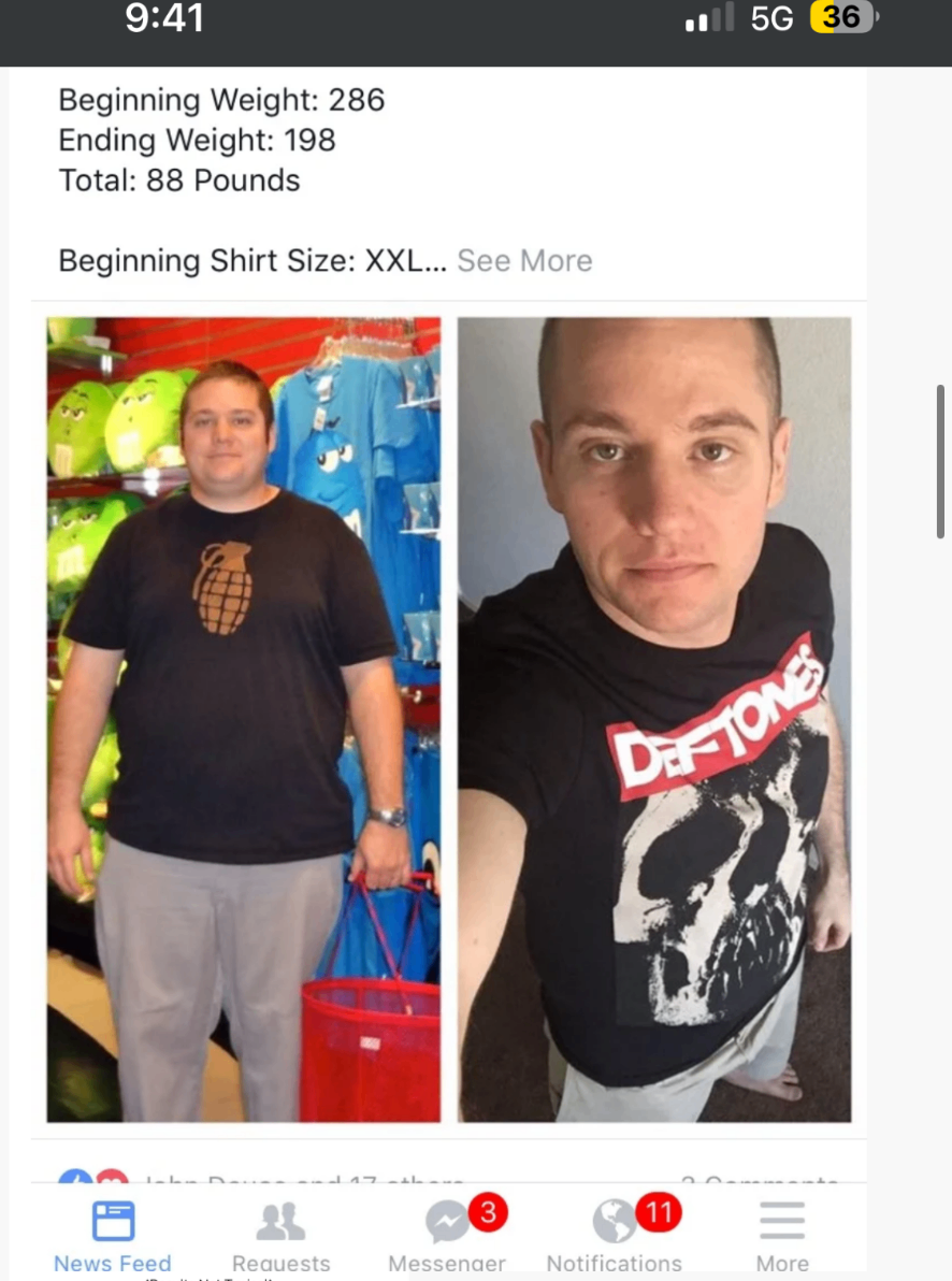 Facebook testimonial — 88 pounds lost, XXL to smaller size